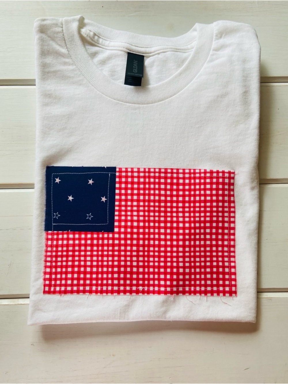 Handmade Patriotic Flag Fabric Appliqué T-Shirt